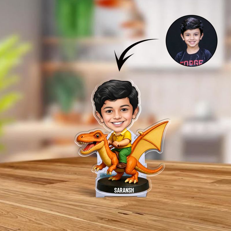 Personalized Boy on Dragon Bobblehead Caricature Standee Birthday Gift for Kids, Boys, Tabletop Desk Decor Battery Powered Moving Head Kids Room Decor